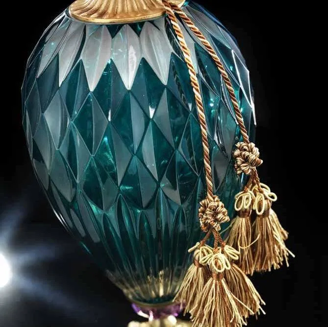 Teal Facetted Glass Table Lamp With Gold Fringing