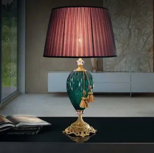 Teal Facetted Glass Table Lamp With Gold Fringing