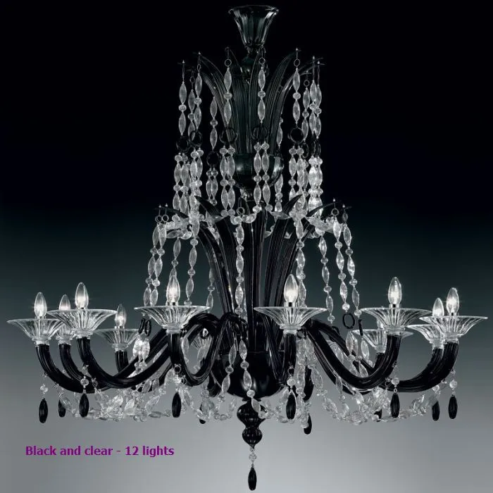 White Black Or Red Murano Glass Chandelier With Clear Trim
